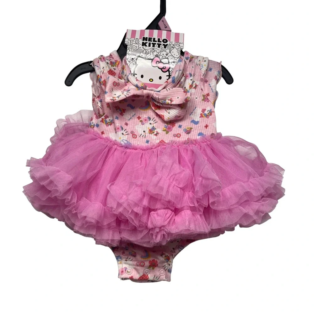 Hello Kitty Baby Girls Pink Tutu Bodysuit Dress Ribbed Floral Rainbow 0-3M NEW